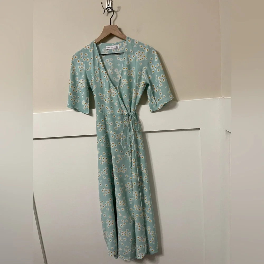 Faithfull The Brand Seafoam Green & Yellow Sunflower Midi Wrap Dress Size 2 - Picture 4 of 8
